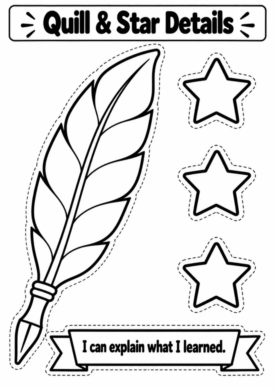 Craft cutouts include a quill, three stars, and a banner reading I can explain what I learned for the scroll project.