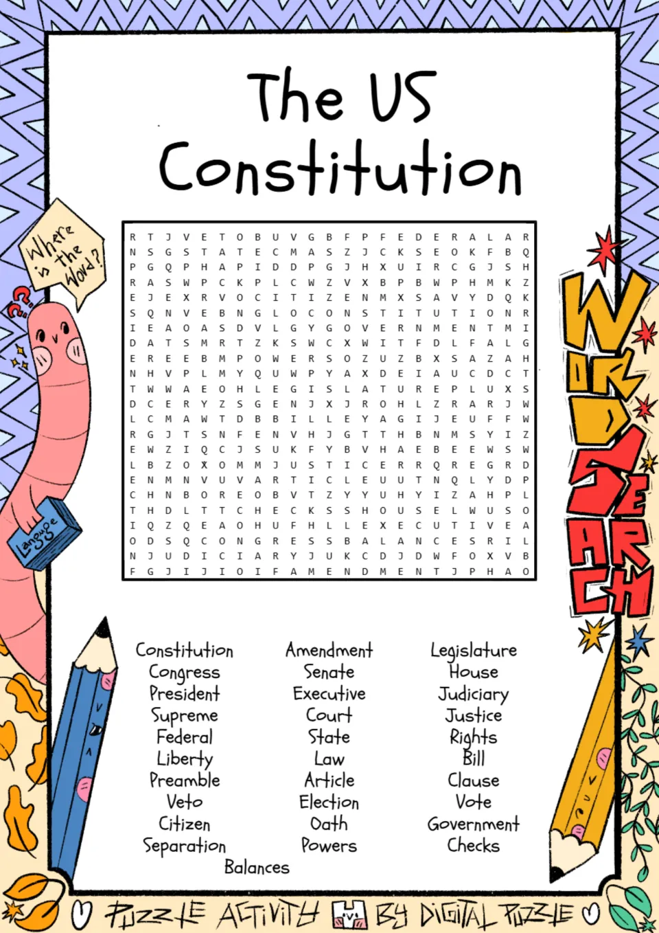 US Constitution word search: students find 31 civics words such as Amendment, Judiciary, Veto and Preamble in a letter grid