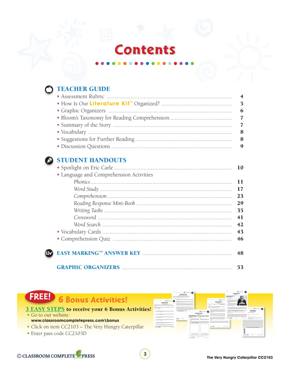 Contents listing teacher guide pages, phonics, word study, comprehension, mini-book, quiz and answer key pages