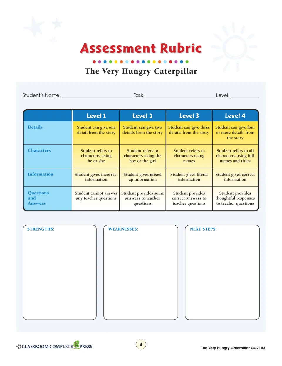 Assessment rubric scoring story details, characters, information and answers at four levels, plus next steps notes