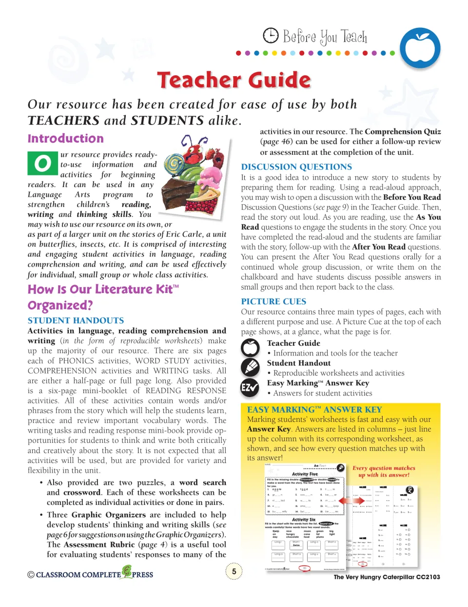 Teacher guide introduction explaining the student handouts, discussion questions, picture cues and answer key layout