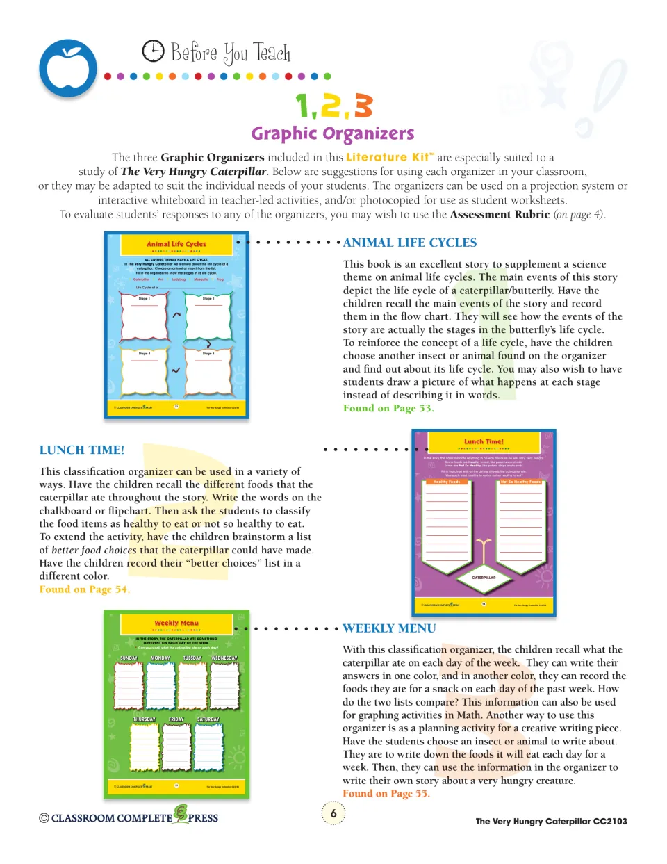 Graphic organizer guide with ideas for Animal Life Cycles, a Lunch Time healthy food sort and a Weekly Menu chart