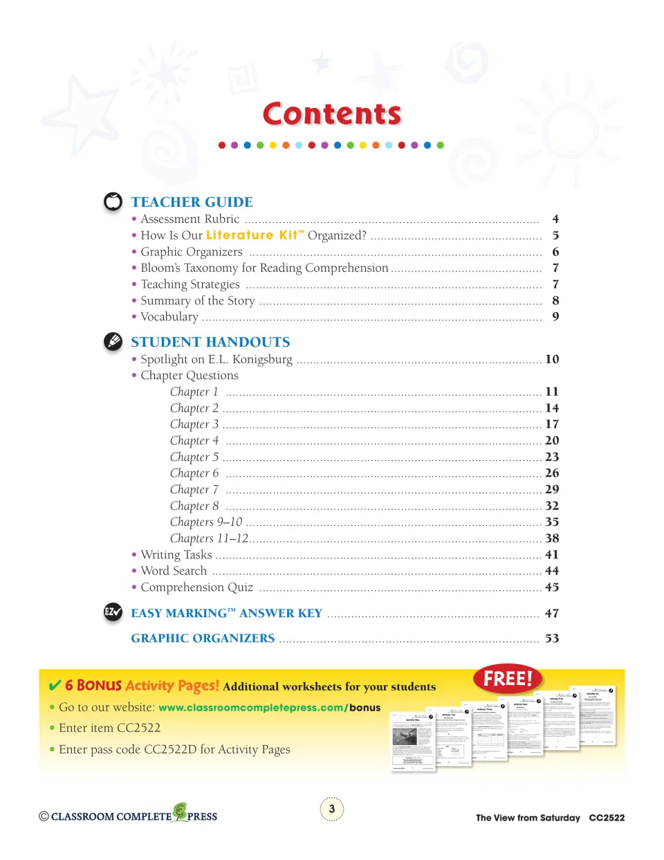 Table of contents: teacher guide, chapter questions pages 11–40, writing tasks, word search, quiz and answer key