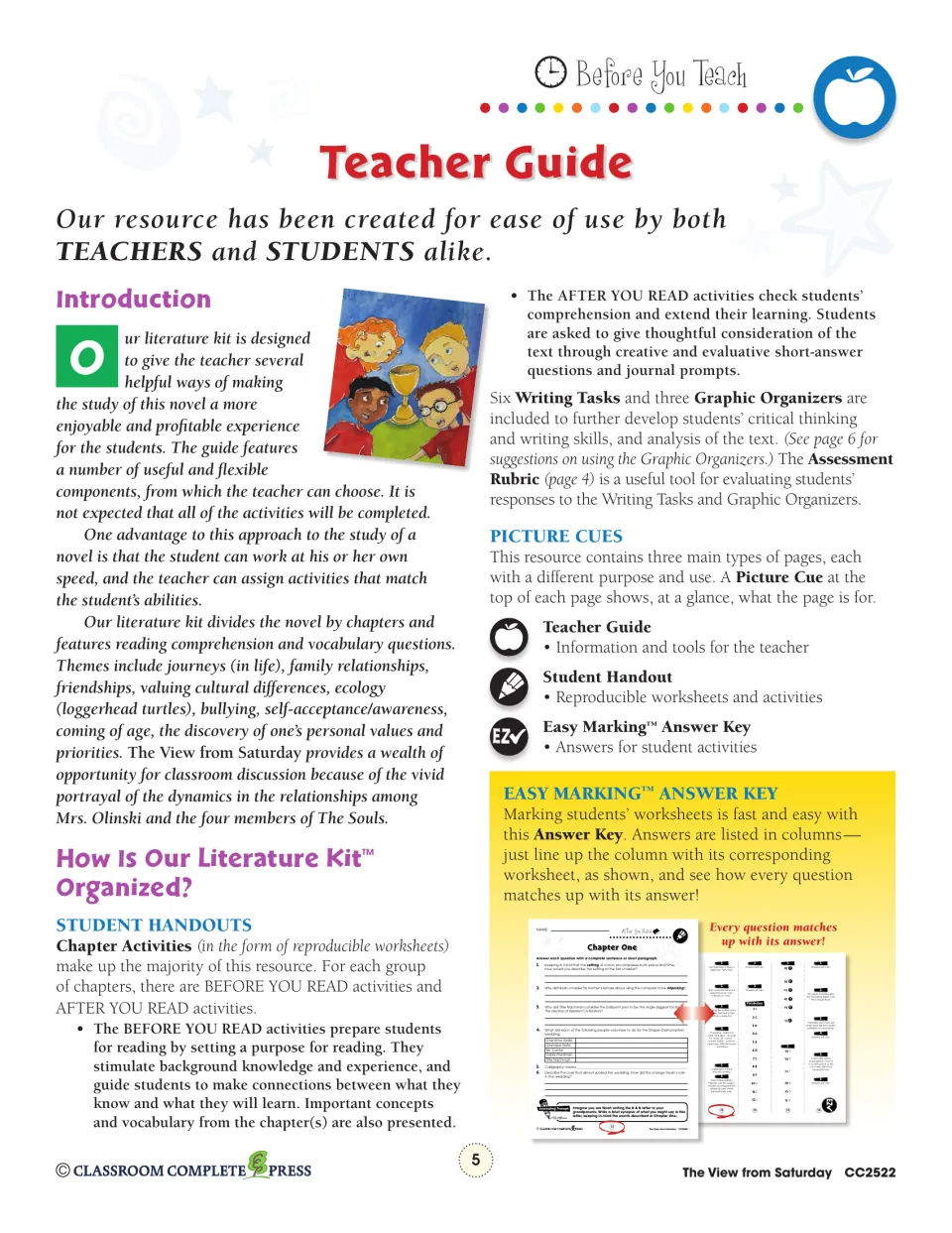 Teacher guide: novel themes, how the kit is organized, picture cues and the Easy Marking answer key format
