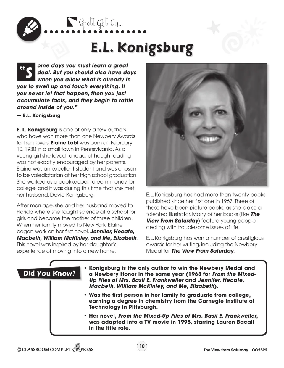 Author spotlight on E.L. Konigsburg: her photo, a quote, biography and Did You Know facts about her Newbery wins