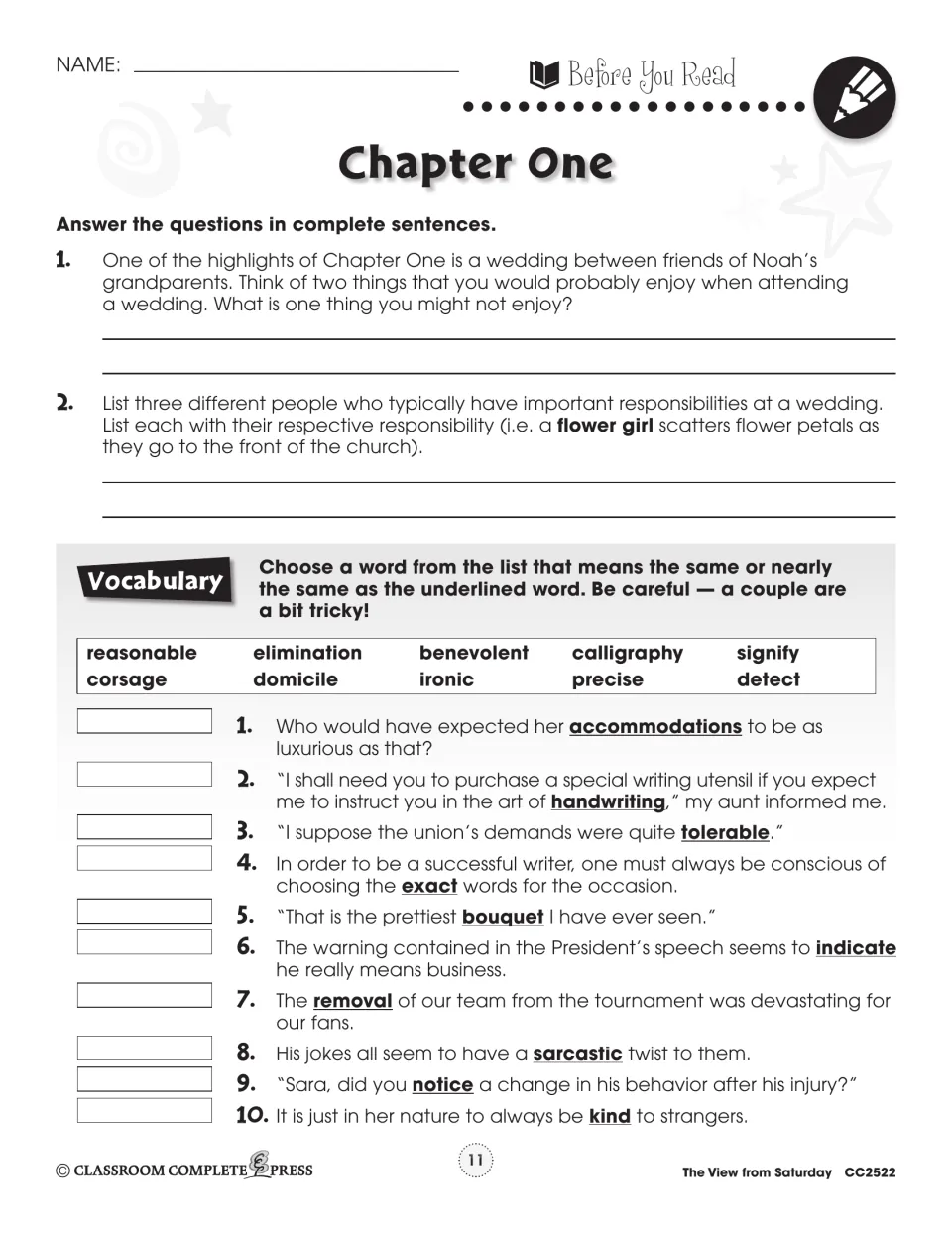 Chapter One before-reading questions on weddings and a 10-item synonym task using benevolent, ironic, signify
