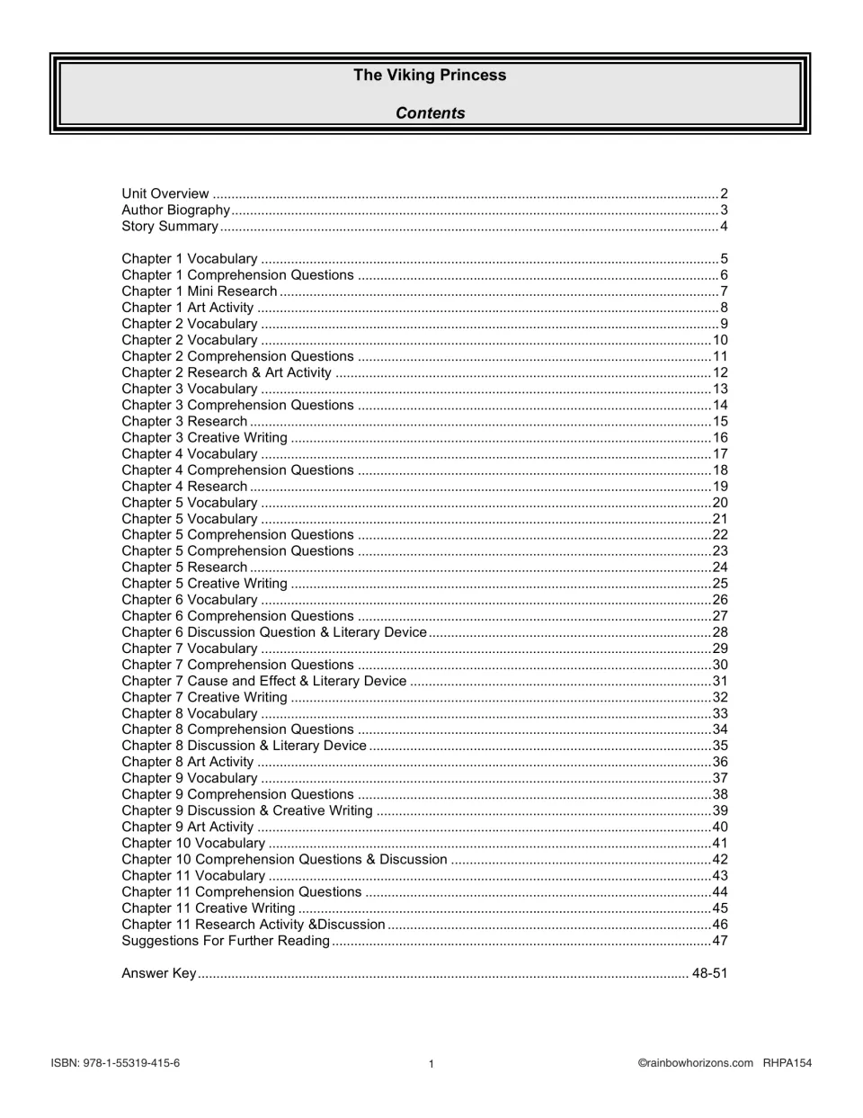 Table of contents: Chapters 1–11 vocabulary, questions, research and writing, plus answer key on pages 48–51