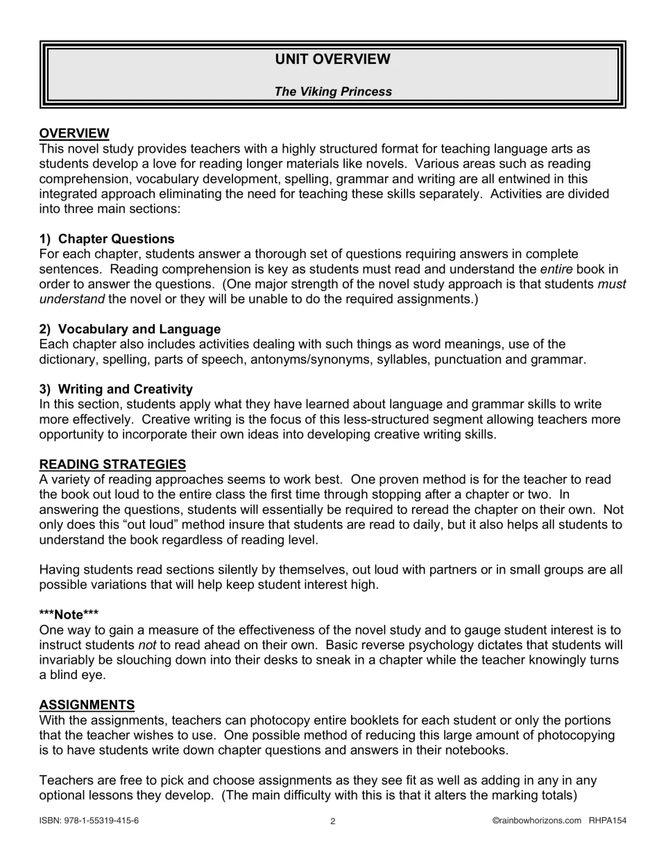 Unit overview explaining the three sections: chapter questions, vocabulary and language, and writing and creativity
