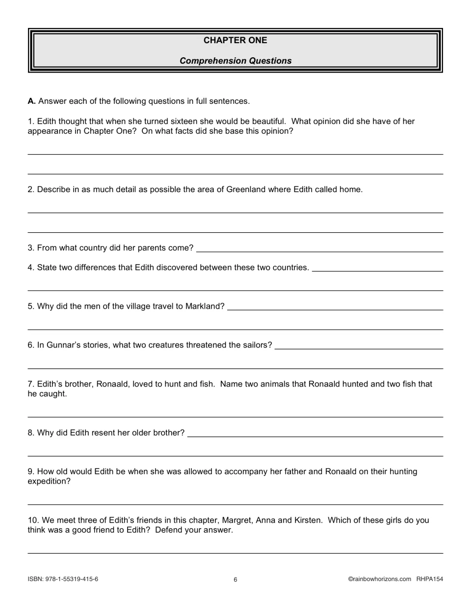 Chapter 1 comprehension questions 1–10 on Edith's Greenland home, her brother Ronaald and three friends