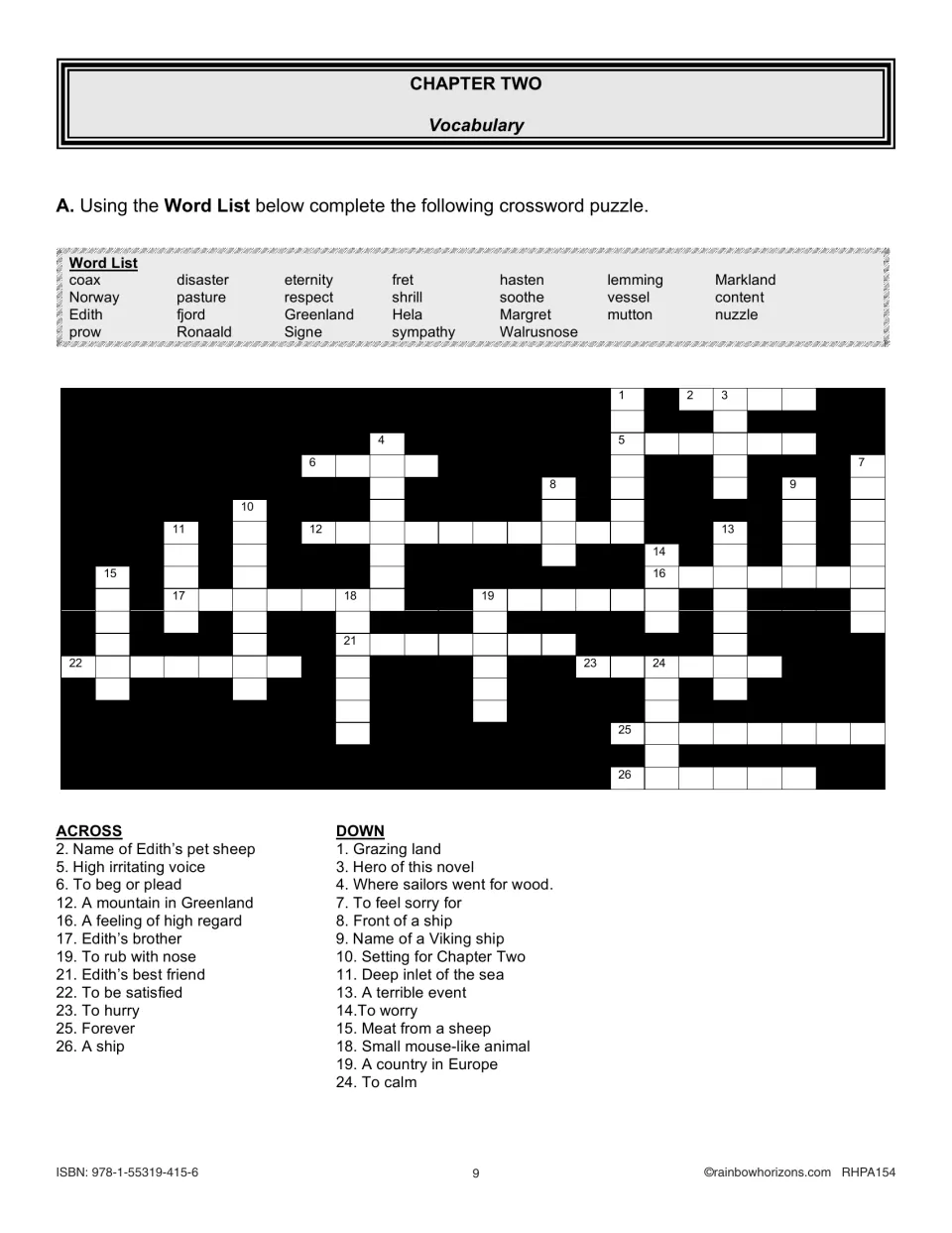 Chapter 2 vocabulary crossword using a 26-word list: coax, fjord, mutton, Walrusnose and more