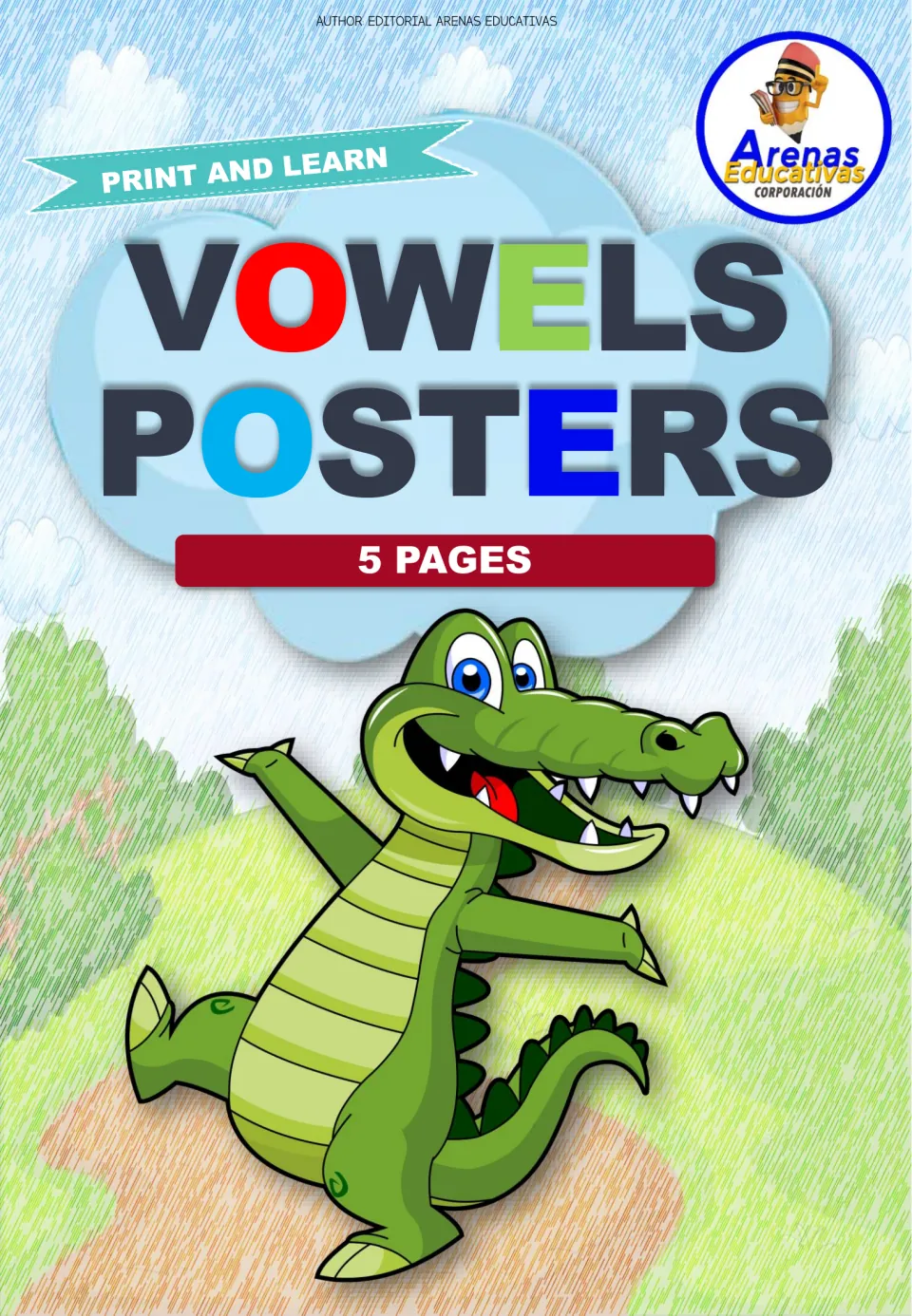 Cover of the five-poster vowel set, labeled 'Vowels Posters,' '5 Pages,' and 'Print and Learn'