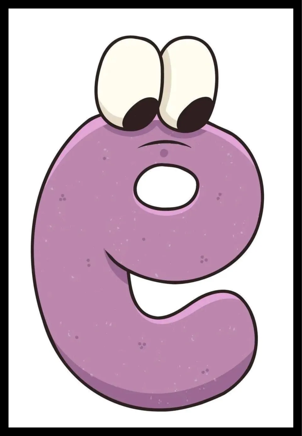 Lowercase e vowel poster featuring a purple letter with a cartoon face, one of five classroom posters