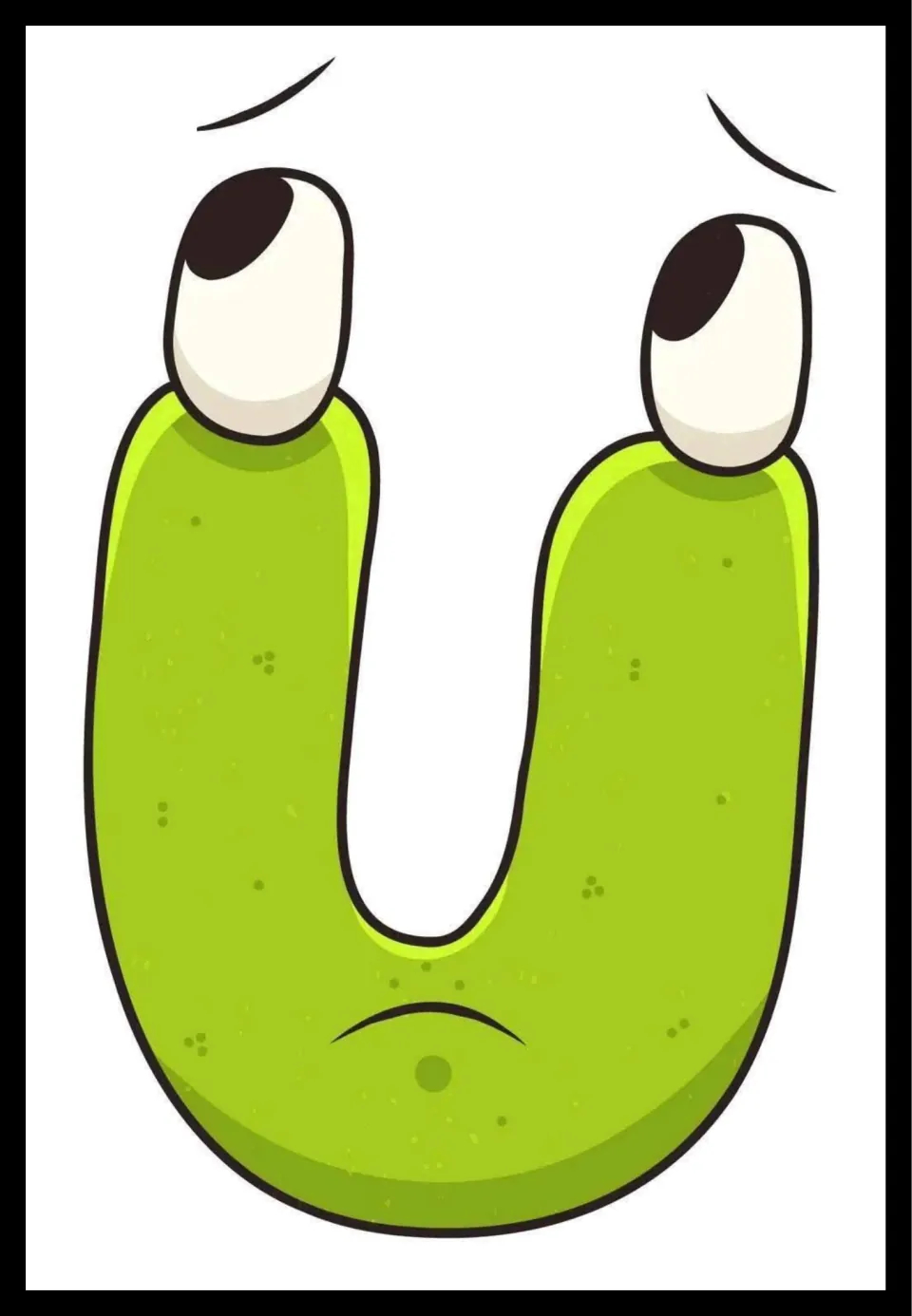Lowercase u vowel poster featuring a green letter with a cartoon face, one of five classroom posters