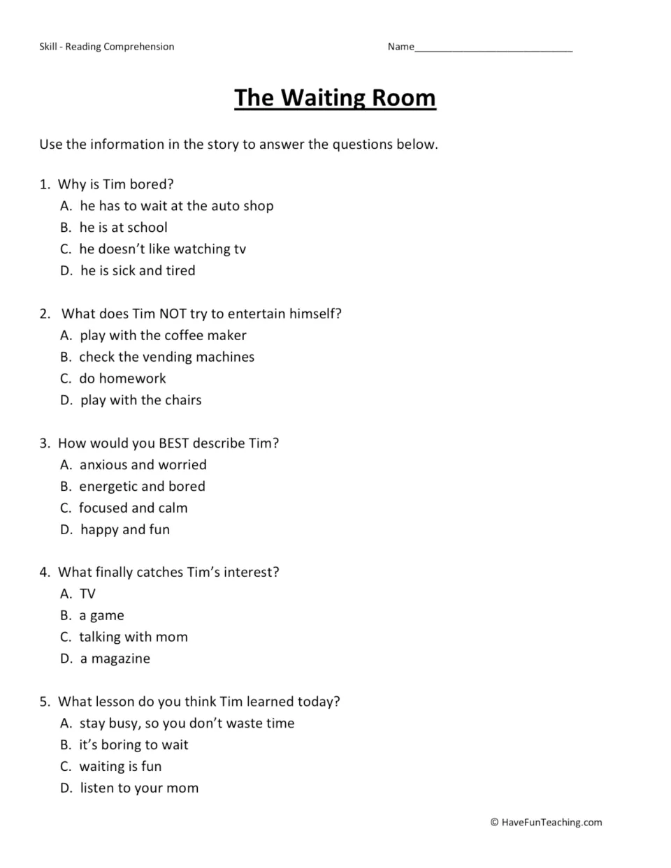 Five multiple-choice questions about Tim's boredom, actions, character, interest in a magazine, and lesson.