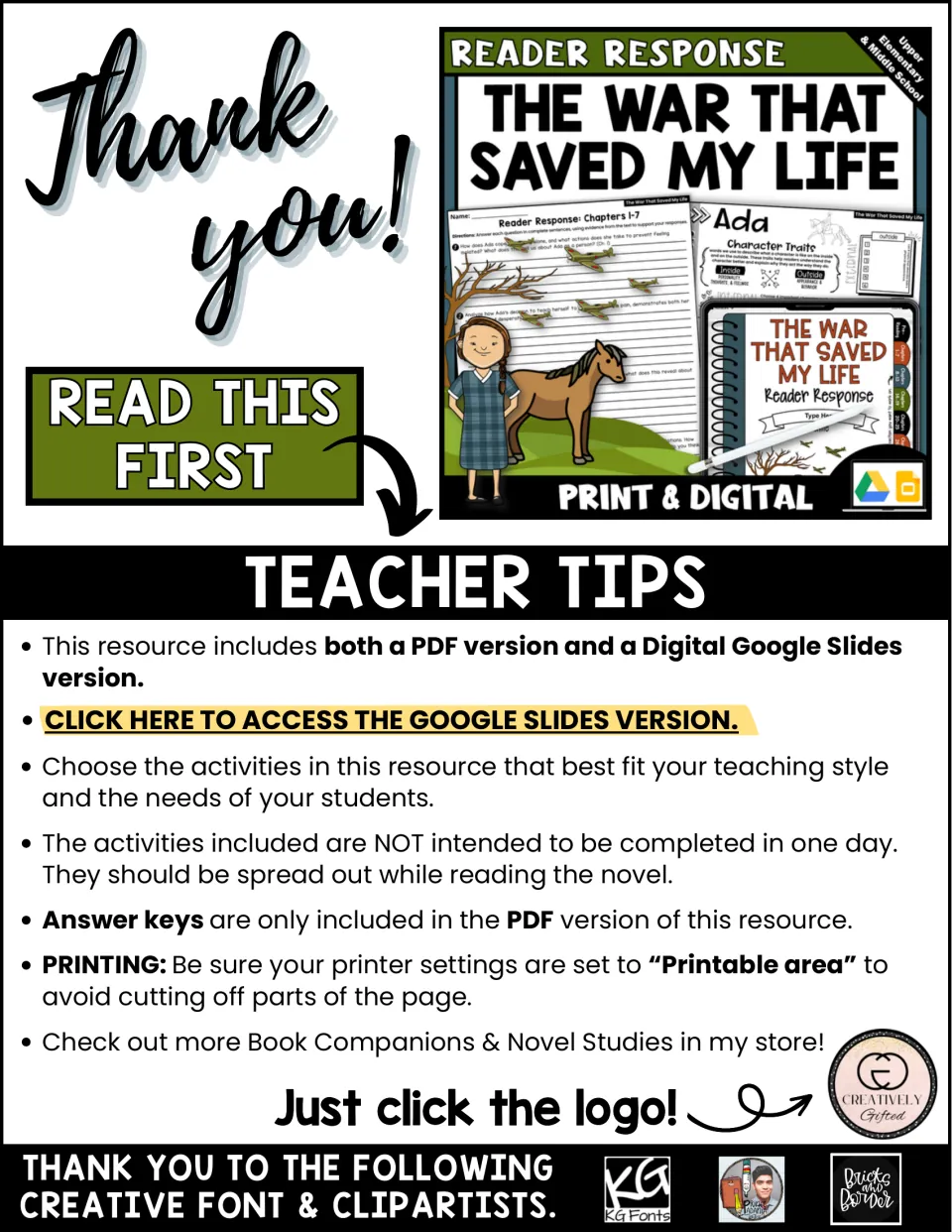 Teacher tips: PDF and Google Slides versions, spacing activities across the novel, answer keys in PDF only, printing