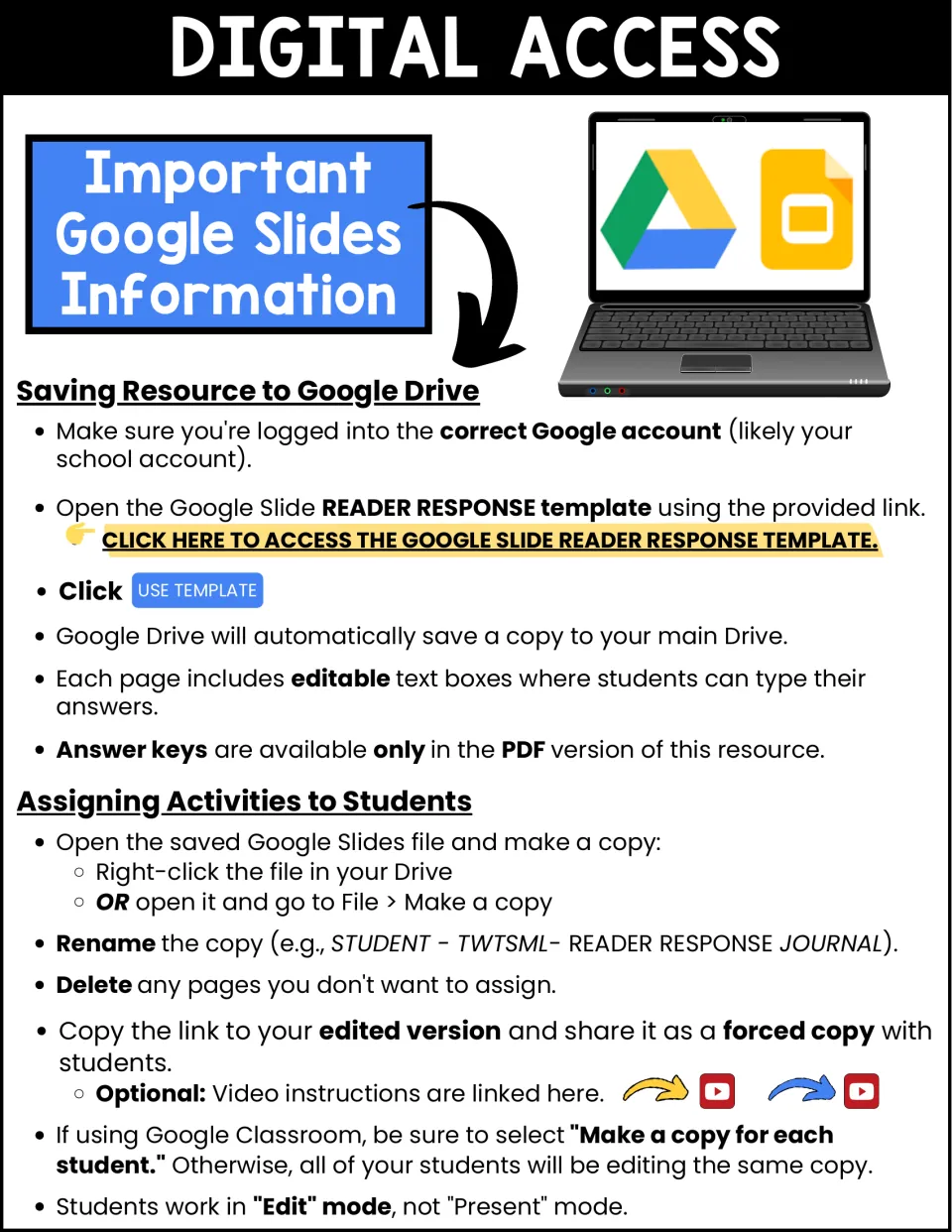 Digital access steps: save the Google Slides template to Drive, make copies and assign them to students as forced copies