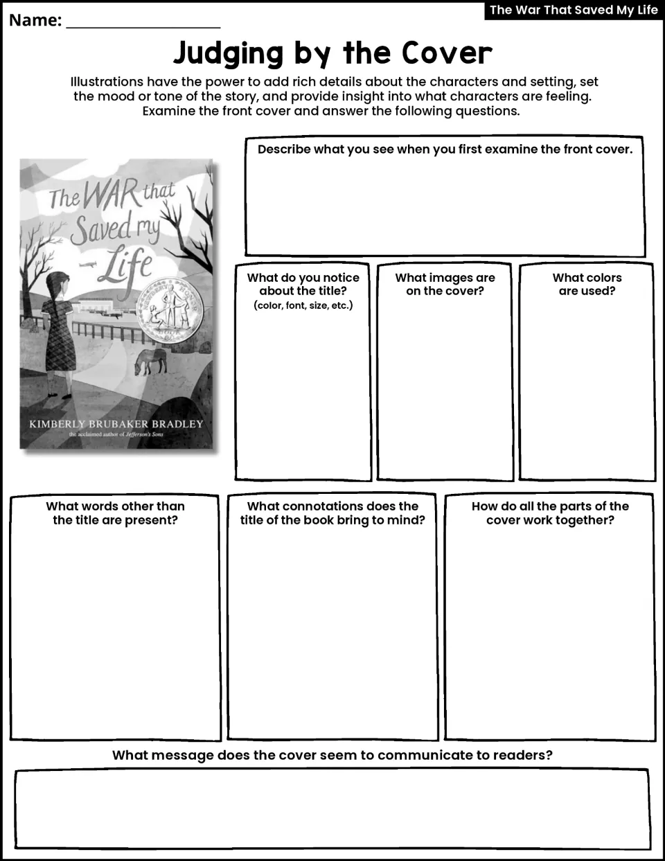 Judging by the Cover: students study the novel's cover art and answer questions on its title, images, colors and message