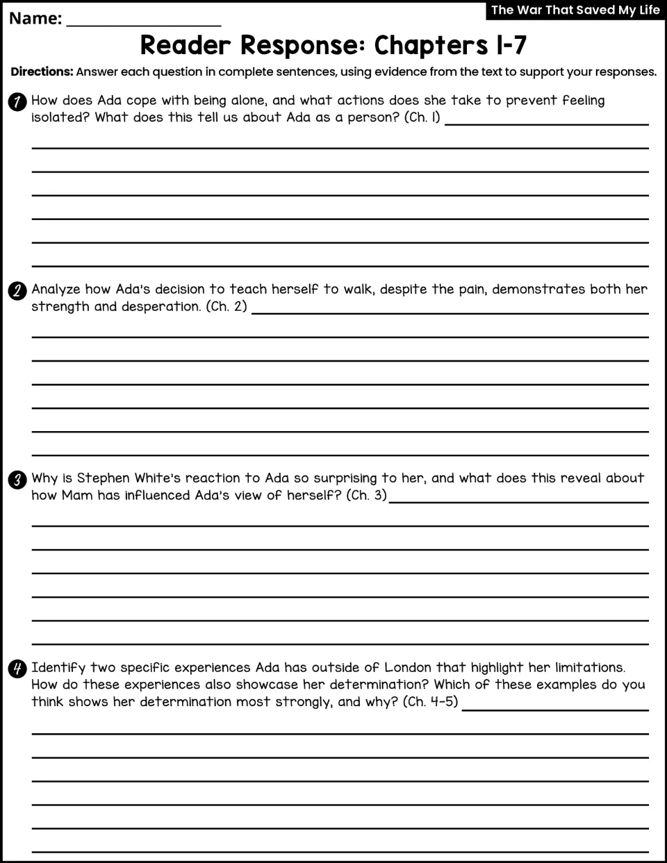 Reader Response Chapters 1-7: students answer four text-evidence questions on Ada's isolation, walking, Stephen and Mam