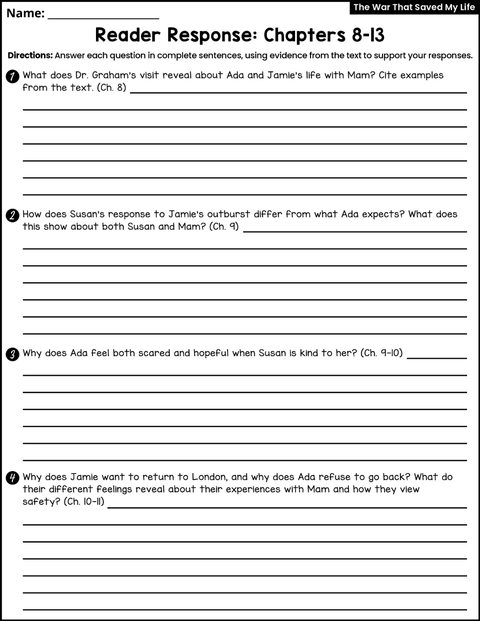 Reader Response Chapters 8-13: students answer questions on Dr. Graham's visit, Jamie's outburst and returning to London