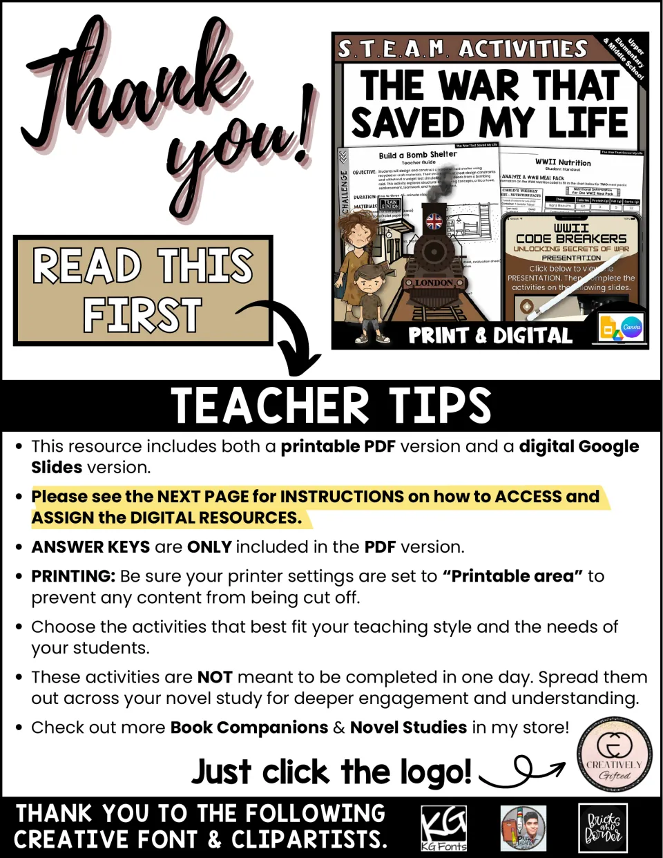 Teacher tips for the STEAM resource: printable PDF, digital Google Slides, answer keys, and printing settings