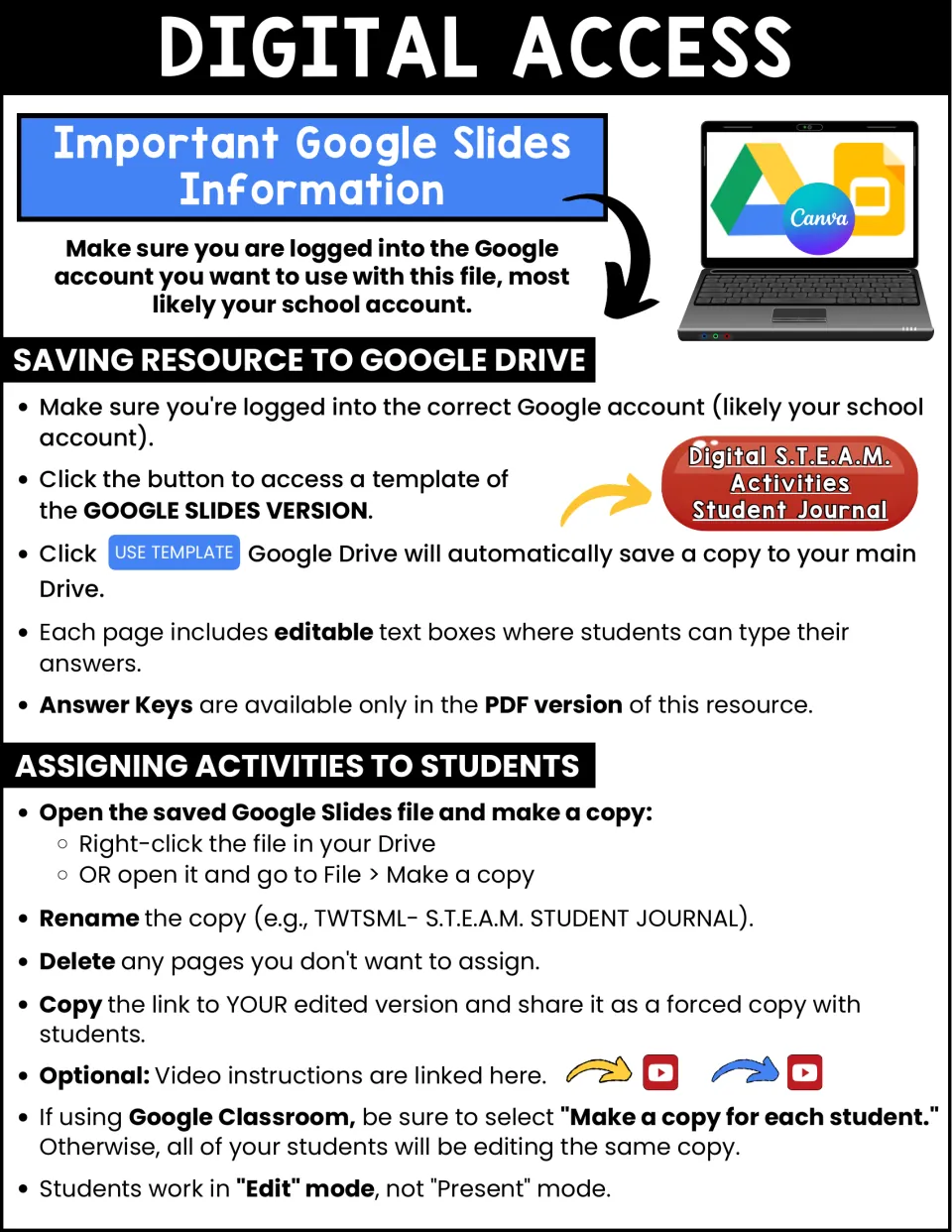 Digital access instructions for saving the STEAM student journal in Google Slides and assigning student copies