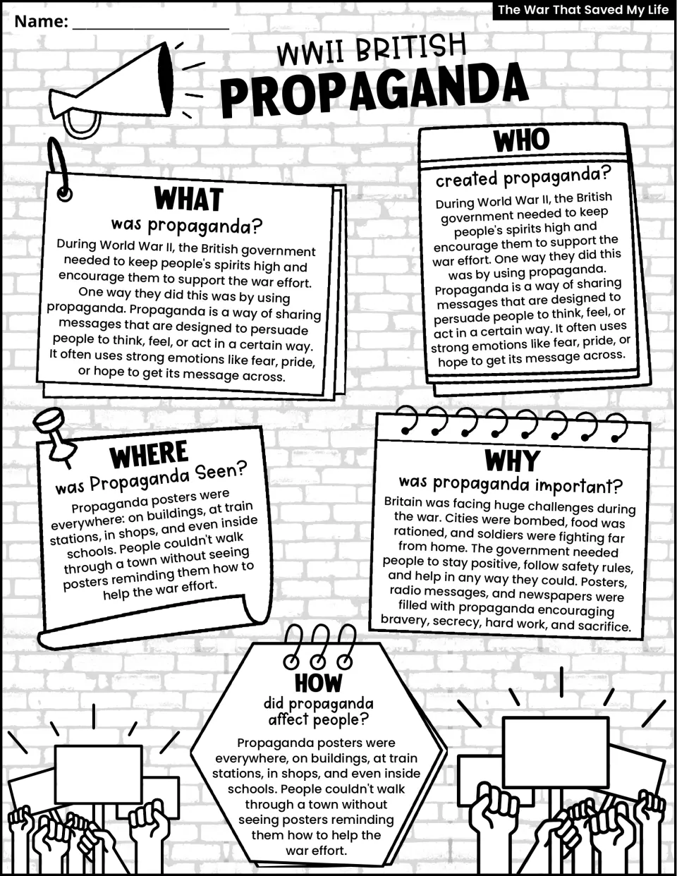 British propaganda reading handout introducing WWII messages through who, what, where, why, and how prompts