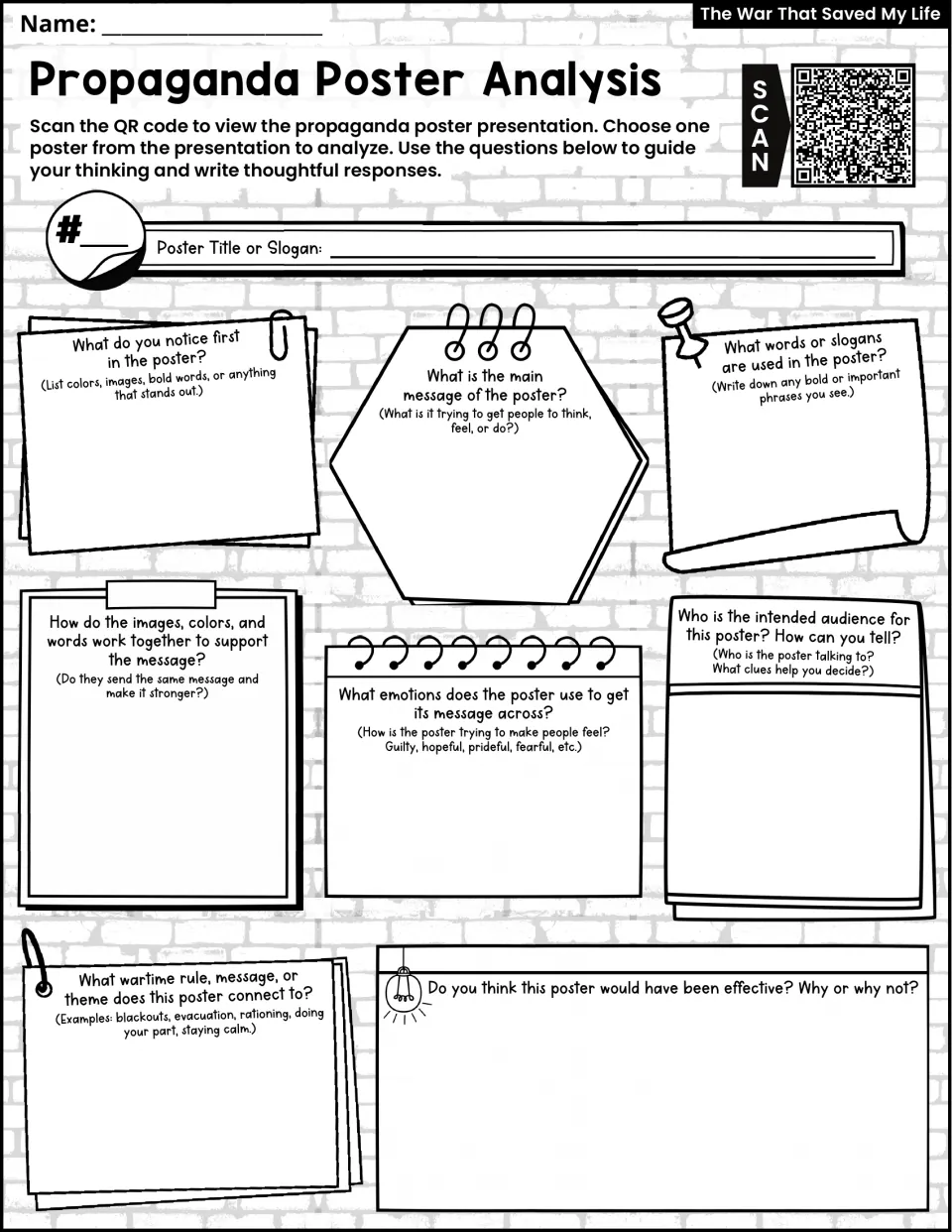 Propaganda poster analysis handout asks about message, slogans, audience, emotions, and wartime connections