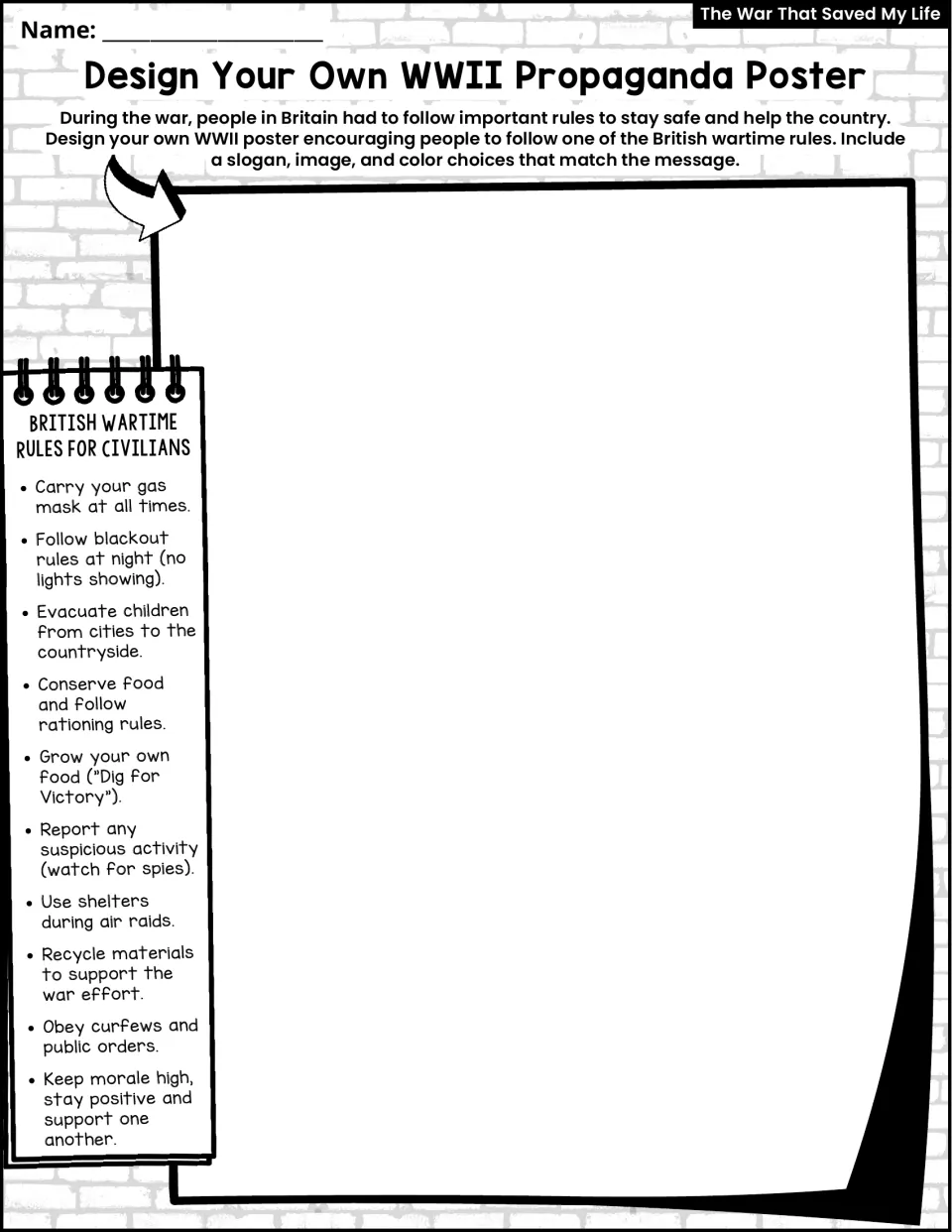 WWII propaganda poster task asks students to promote a British wartime rule using a slogan, images, and color