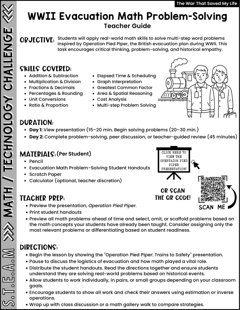 Evacuation math teacher guide lists skills, materials, and a two-day plan for Operation Pied Piper word problems