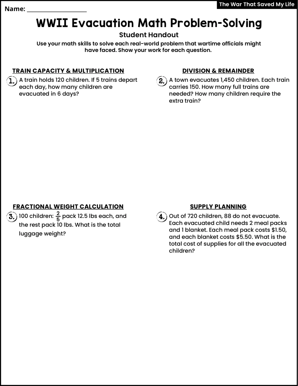 Evacuation math problems 1–4 cover train capacity, division with remainders, luggage weight, and supply costs