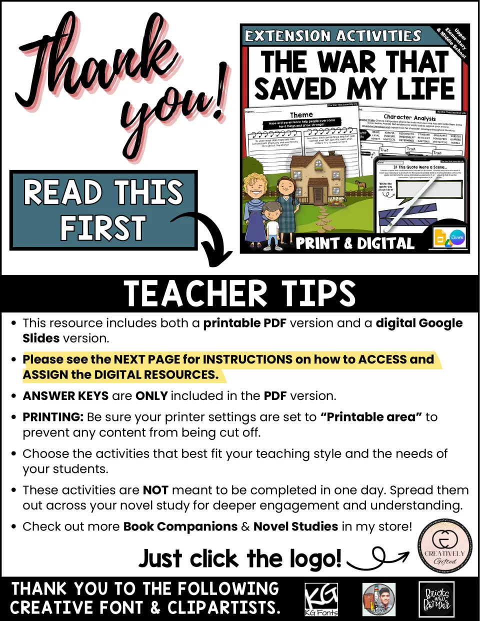 Teacher tips for the novel activities explain print and digital formats, PDF-only answer keys, and printing.