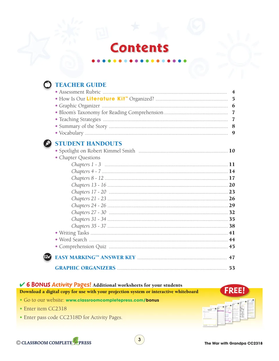 Contents lists the teacher guide, ten chapter question sections, writing tasks, quiz, and answer key