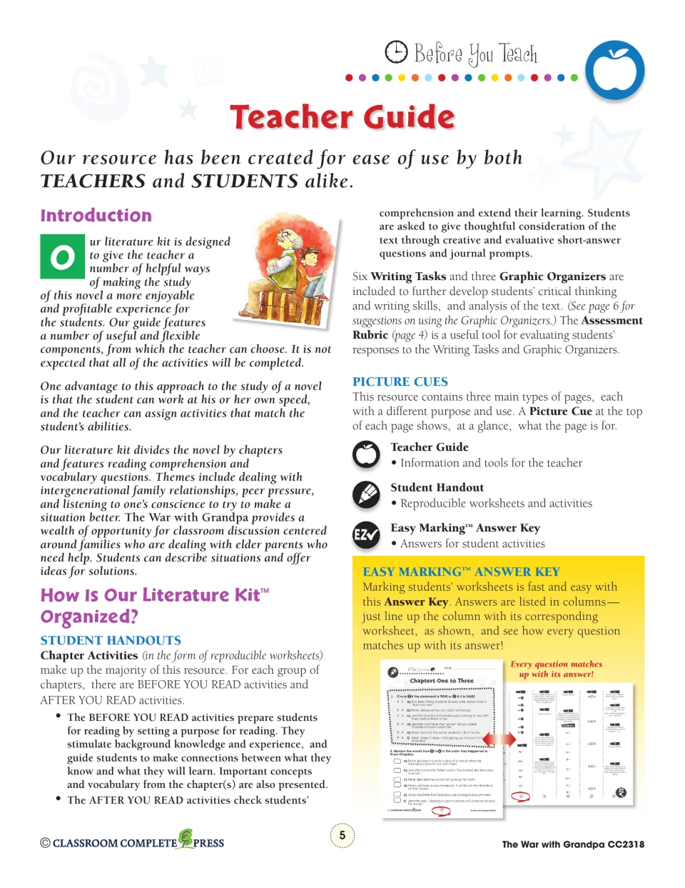 Teacher guide explains before- and after-reading activities, six writing tasks, and three graphic organizers