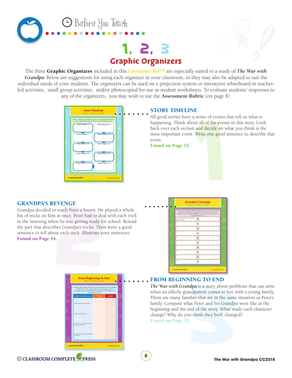 Graphic organizer guide explains Story Timeline, Grandpa’s Revenge, and From Beginning to End activities