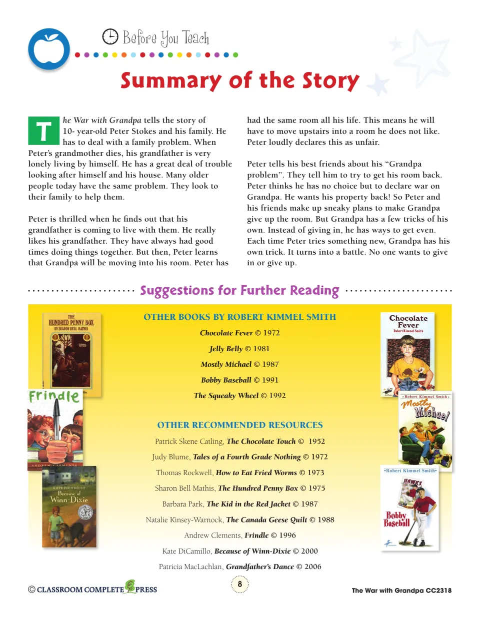 Story summary explains Peter’s room dispute with Grandpa; further reading lists books by Smith and others