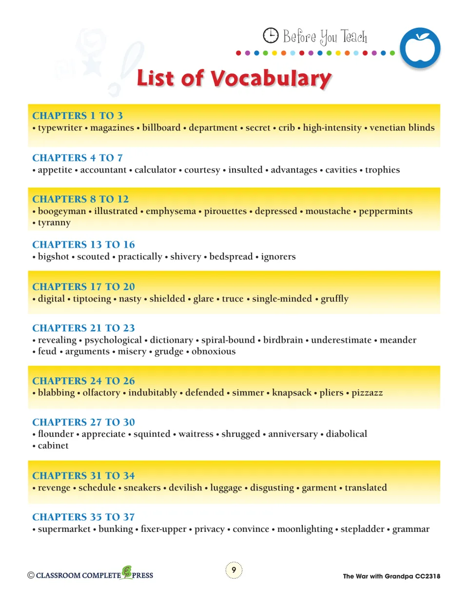 Vocabulary reference groups words by ten chapter sections, including typewriter, courtesy, truce, and privacy