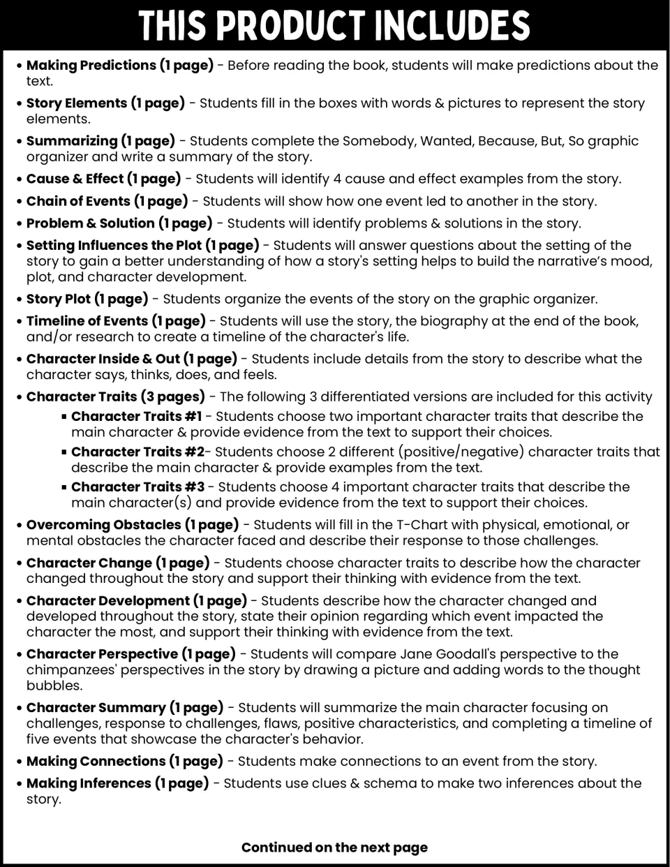 Activity list, part 1: predictions, story elements, summarizing, cause and effect, and character analysis