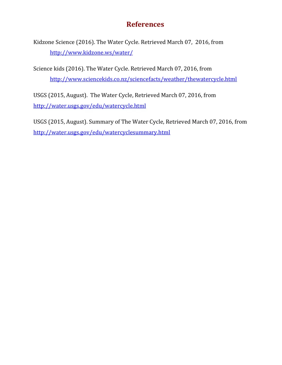References list citing Kidzone Science, Science Kids and two USGS water cycle web pages used as article sources