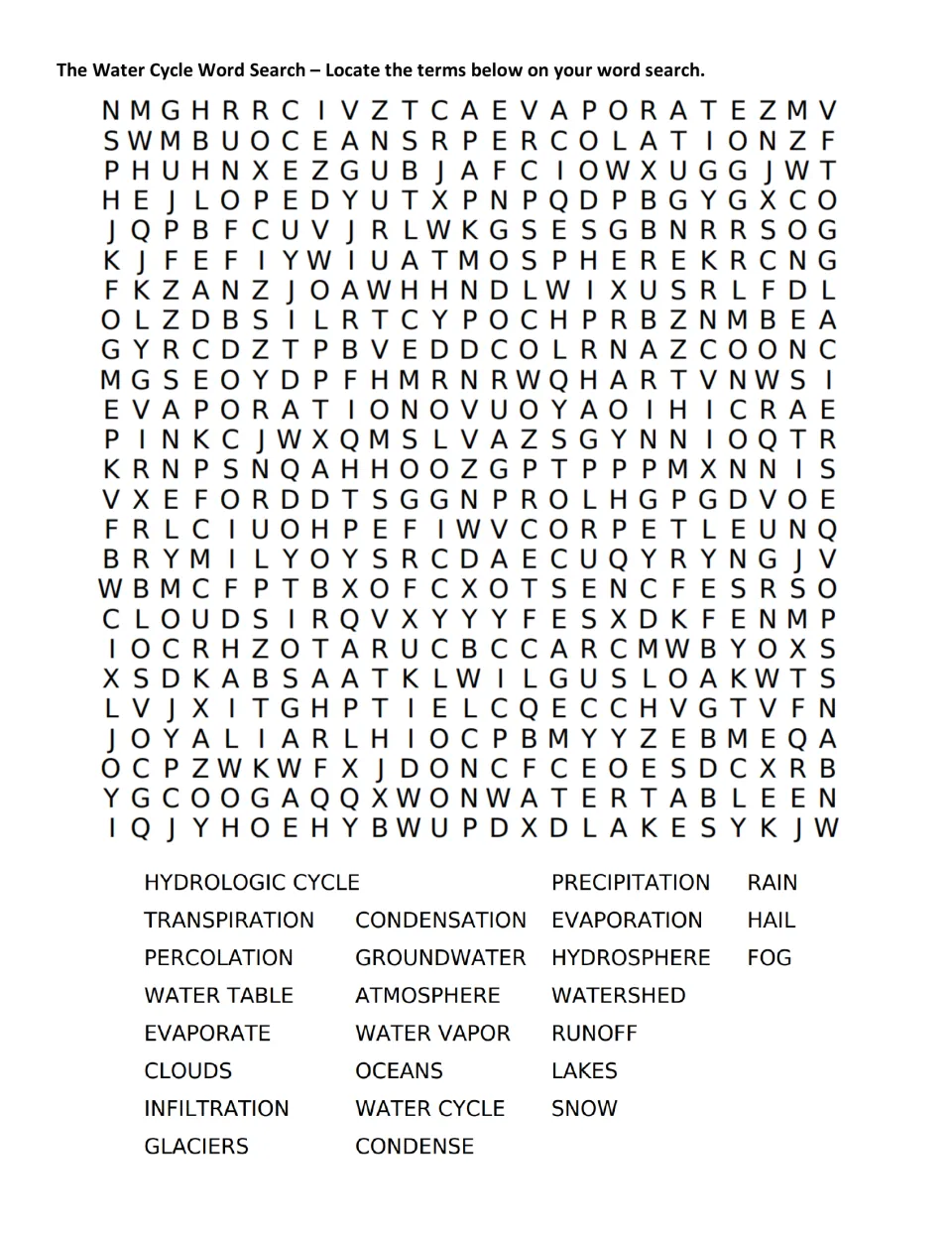 Water cycle word search: students find 25 terms such as evaporation, percolation, runoff and hydrologic cycle