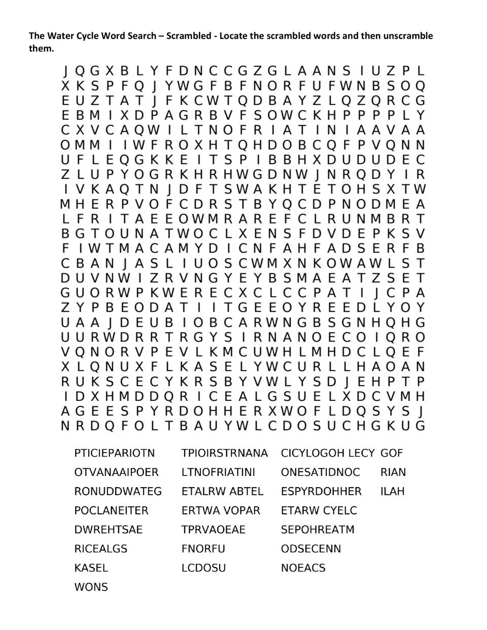 Scrambled water cycle word search: students find 25 jumbled terms like ETARW CYELC and FNORFU, then unscramble each