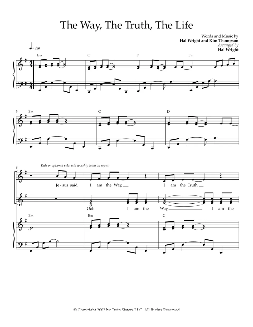 The Way, The Truth, The Life sheet music, page 1: piano intro in E minor and vocal entry on "Jesus said, I am the Way"
