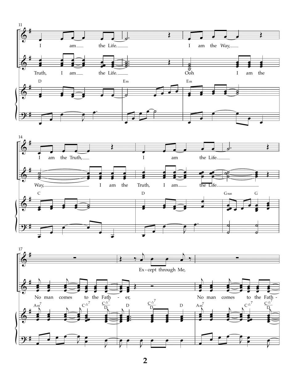 Song score, measures 11-19: two vocal lines sing "I am the Truth, I am the Life" then "No man comes to the Father"