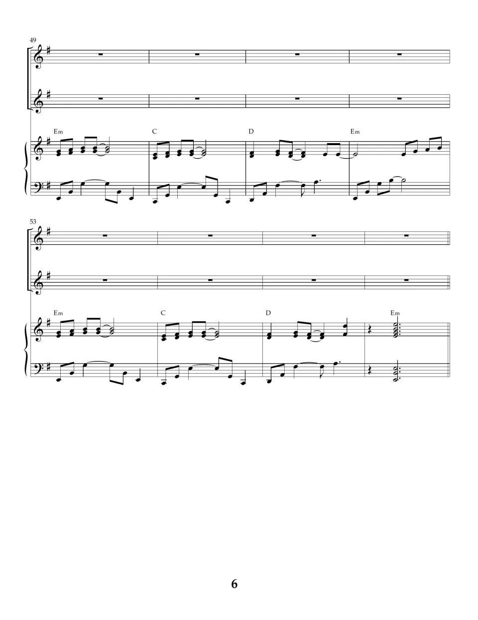 Piano outro, measures 49-56: voices rest while the E minor, C, D chord pattern repeats and ends on a held E minor chord
