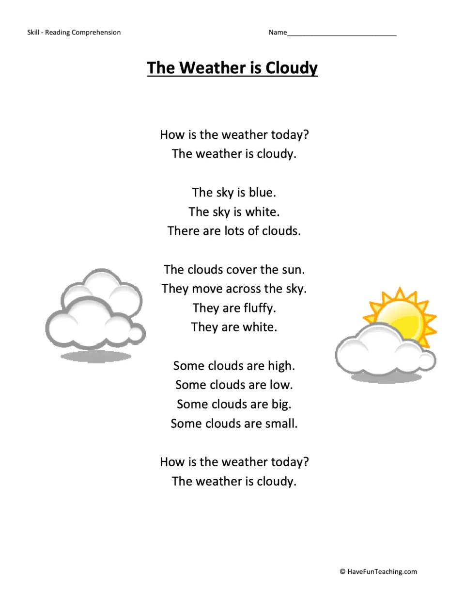 Cloudy weather story: students read sentences about clouds that cover the sun, move across the sky and are high or low