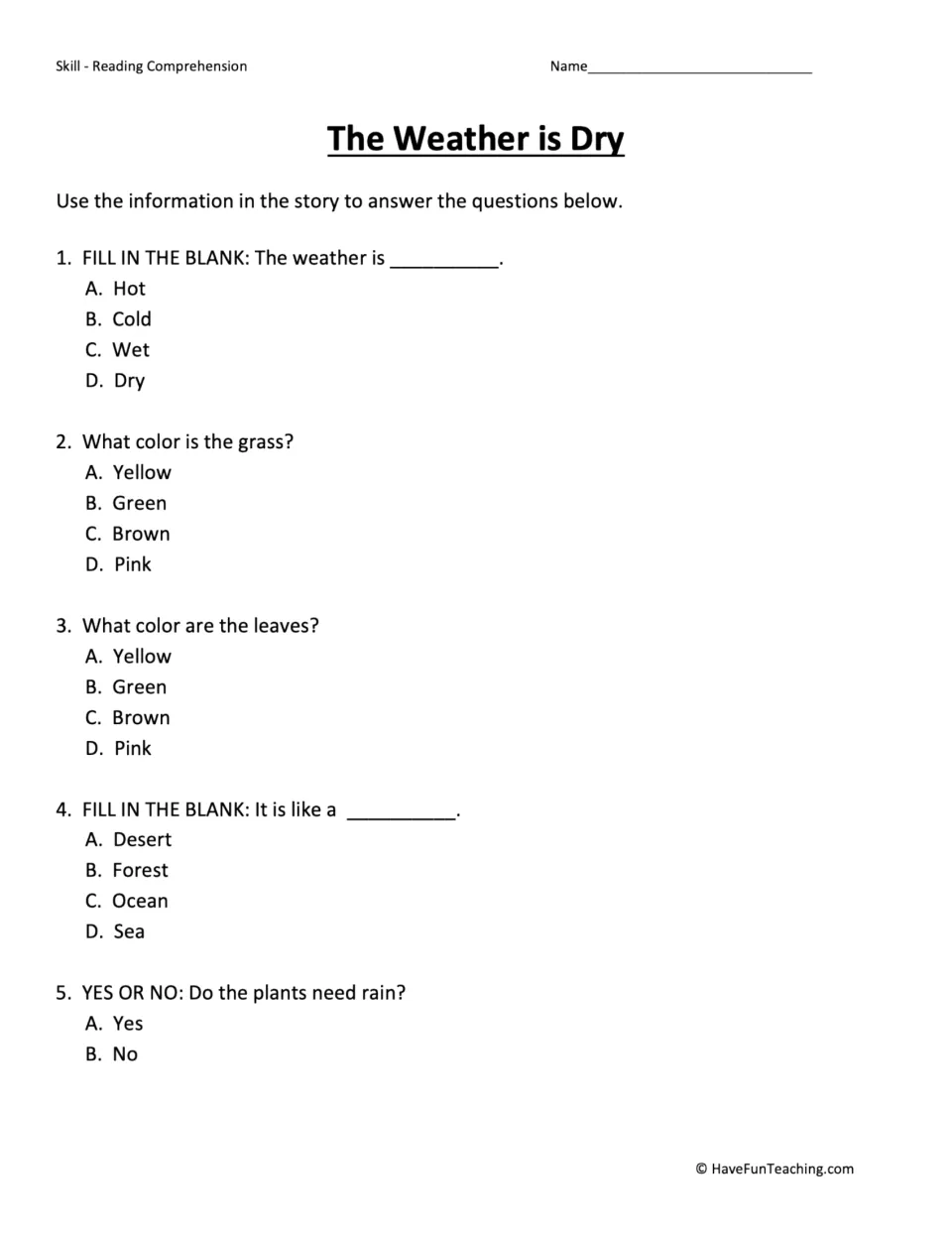 Five comprehension questions about dry weather, grass and leaf colors, a desert comparison, and rain.
