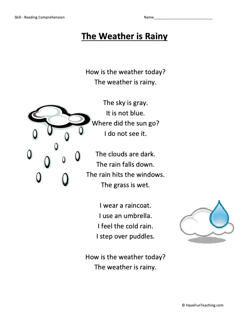 Reading passage about a rainy day: gray skies, dark clouds, wet grass, a raincoat, an umbrella, and puddles.
