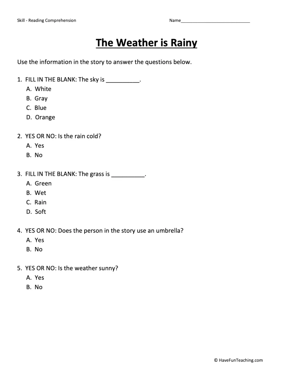 Five comprehension questions about the sky's color, cold rain, wet grass, umbrella use, and sunny weather.