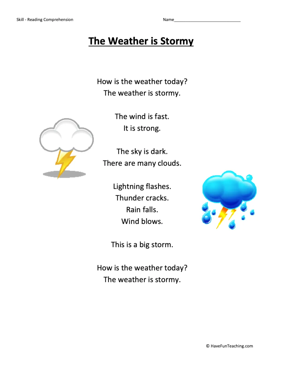 Reading passage about a stormy day describes strong wind, dark skies, clouds, lightning, thunder, and rain.