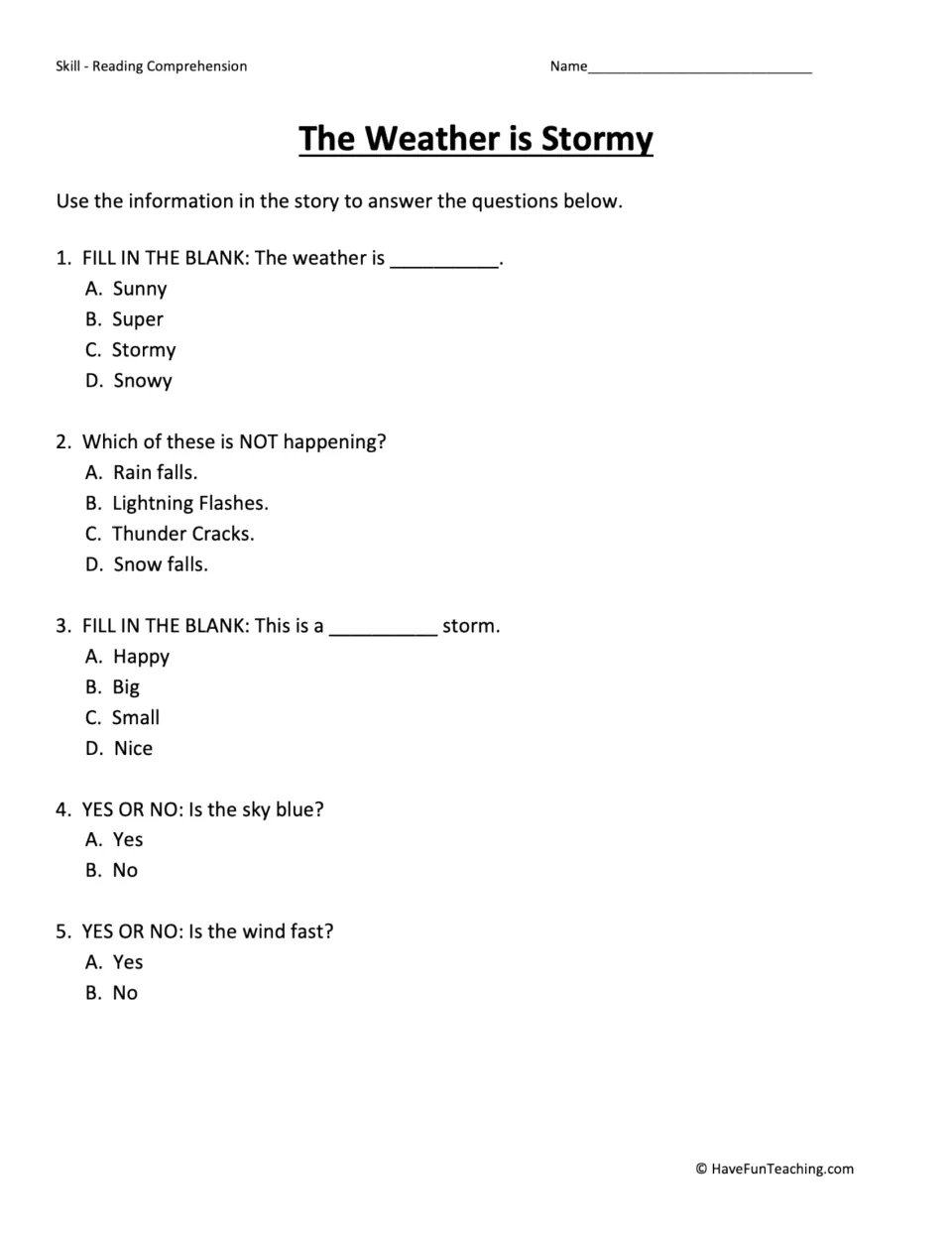 Five comprehension questions about stormy weather ask about snow, storm size, sky color, and wind speed.