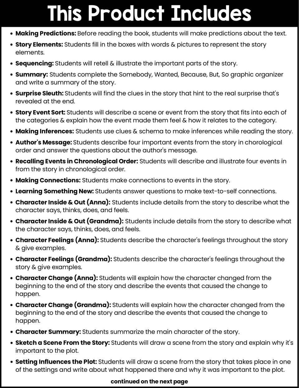 Activity overview, part 1: predictions, story elements, sequencing, summary, character analysis, and more